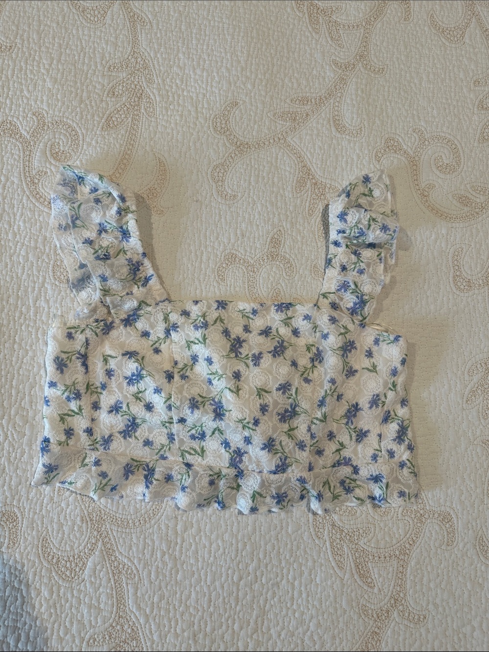 Women’s White Floral Crop Top with Blue Flowers